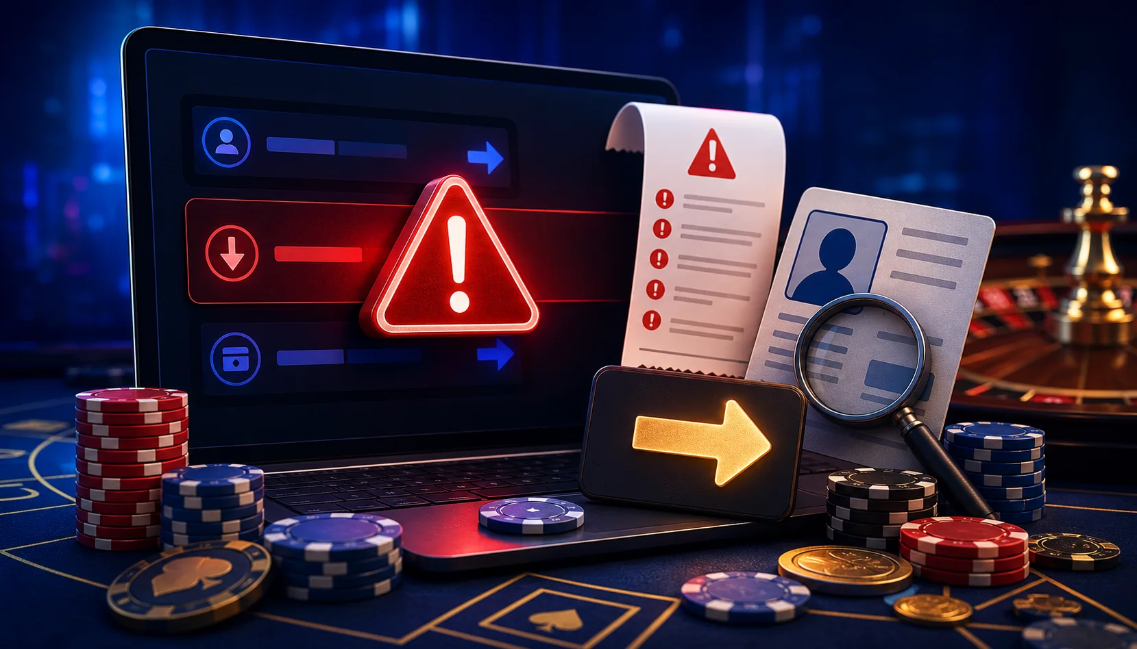 Casino cashier screen showing a blocked payment route, warning sign, fee receipt and identity check