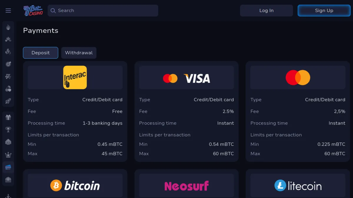 7Bit Casino official payments page showing deposit and withdrawal tabs with fees and limits