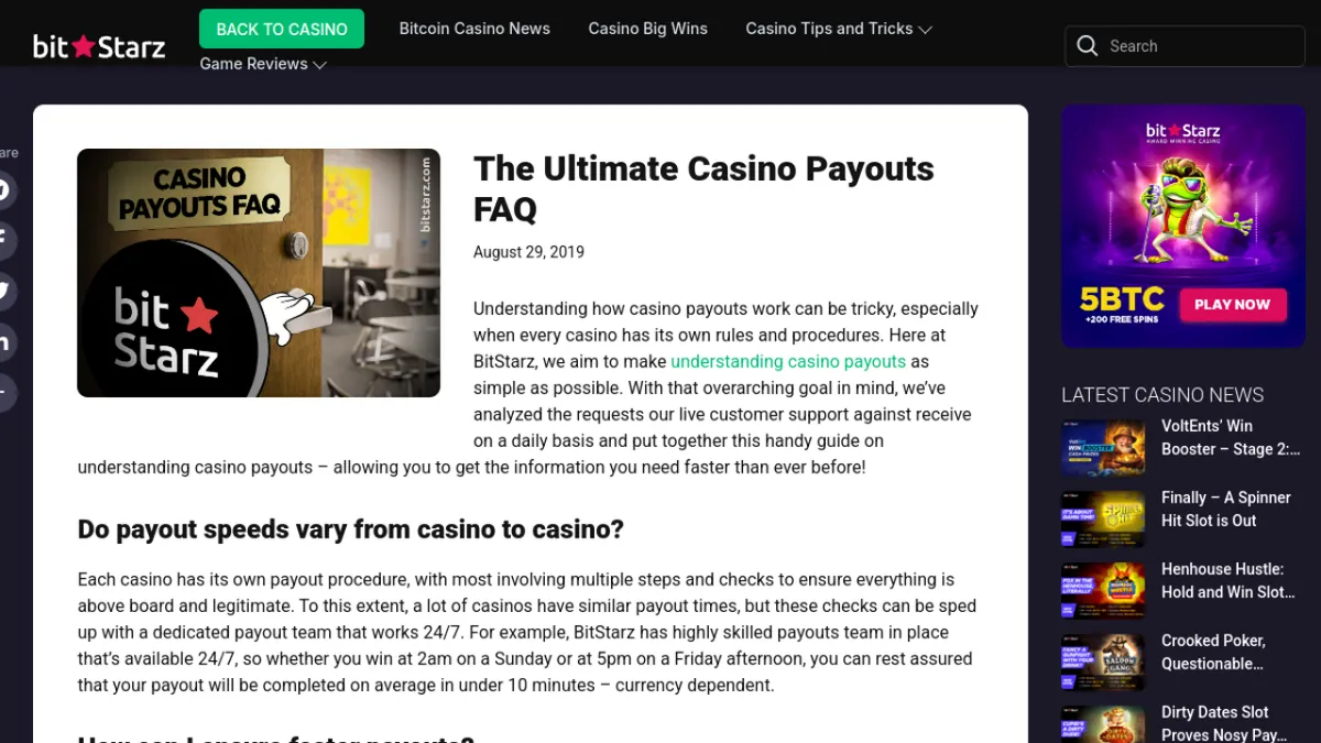 BitStarz official casino payouts FAQ explaining payout speed and verification