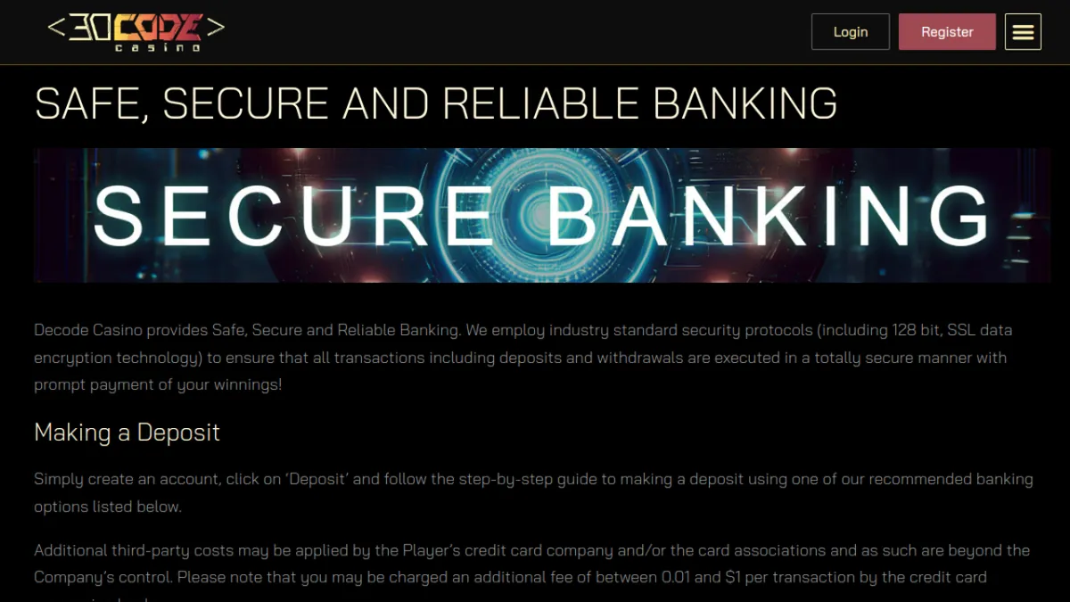 Decode Casino official banking page describing deposits and payment security