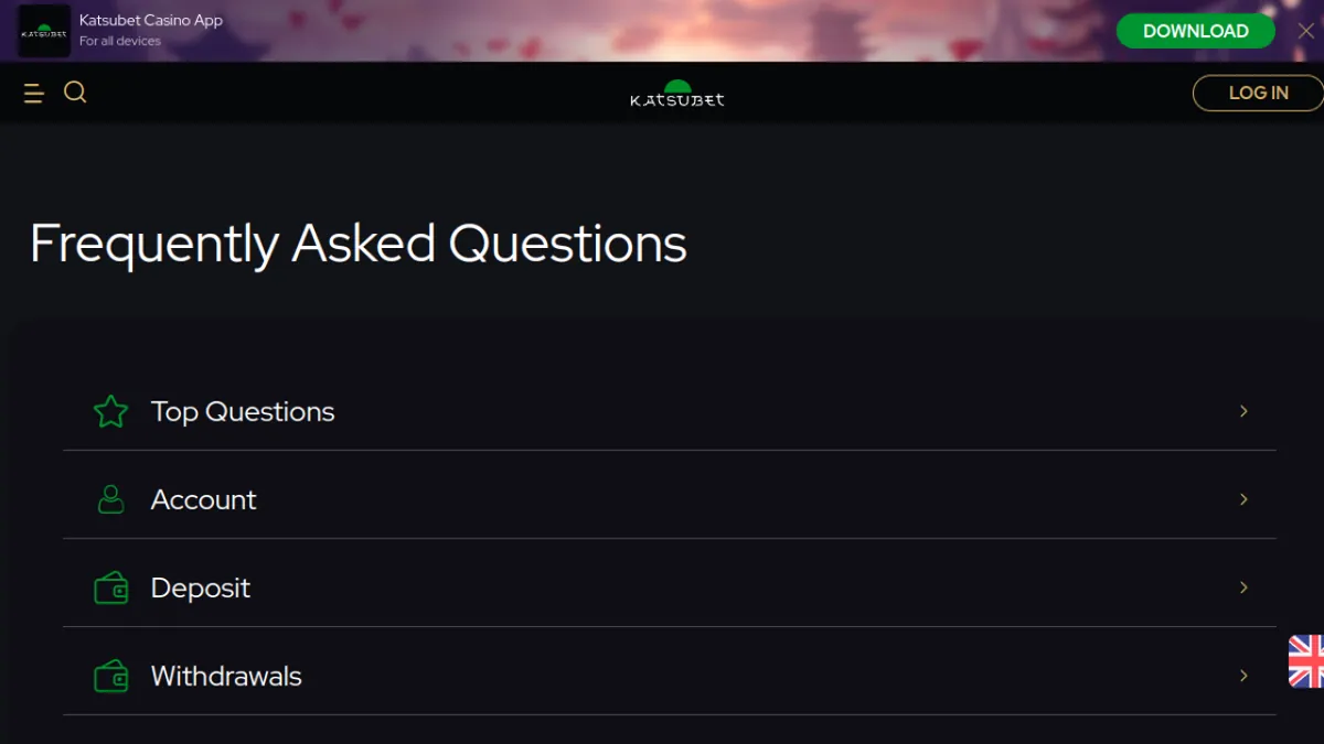 KatsuBet official FAQ showing deposit and withdrawal help categories
