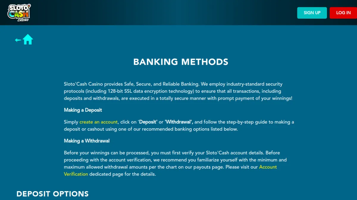 SlotoCash official banking page showing verification guidance and deposit options