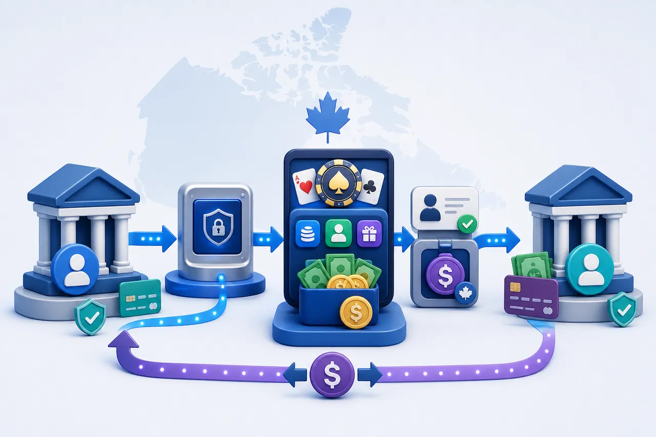 Canadian online banking route moving through a secure casino cashier and returning to a verified bank account in CAD