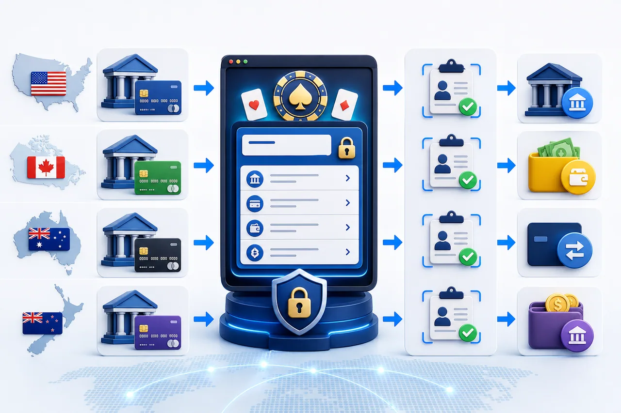 Four country-specific casino payment routes moving from a bank or card through a secure cashier and identity verification to a withdrawal account
