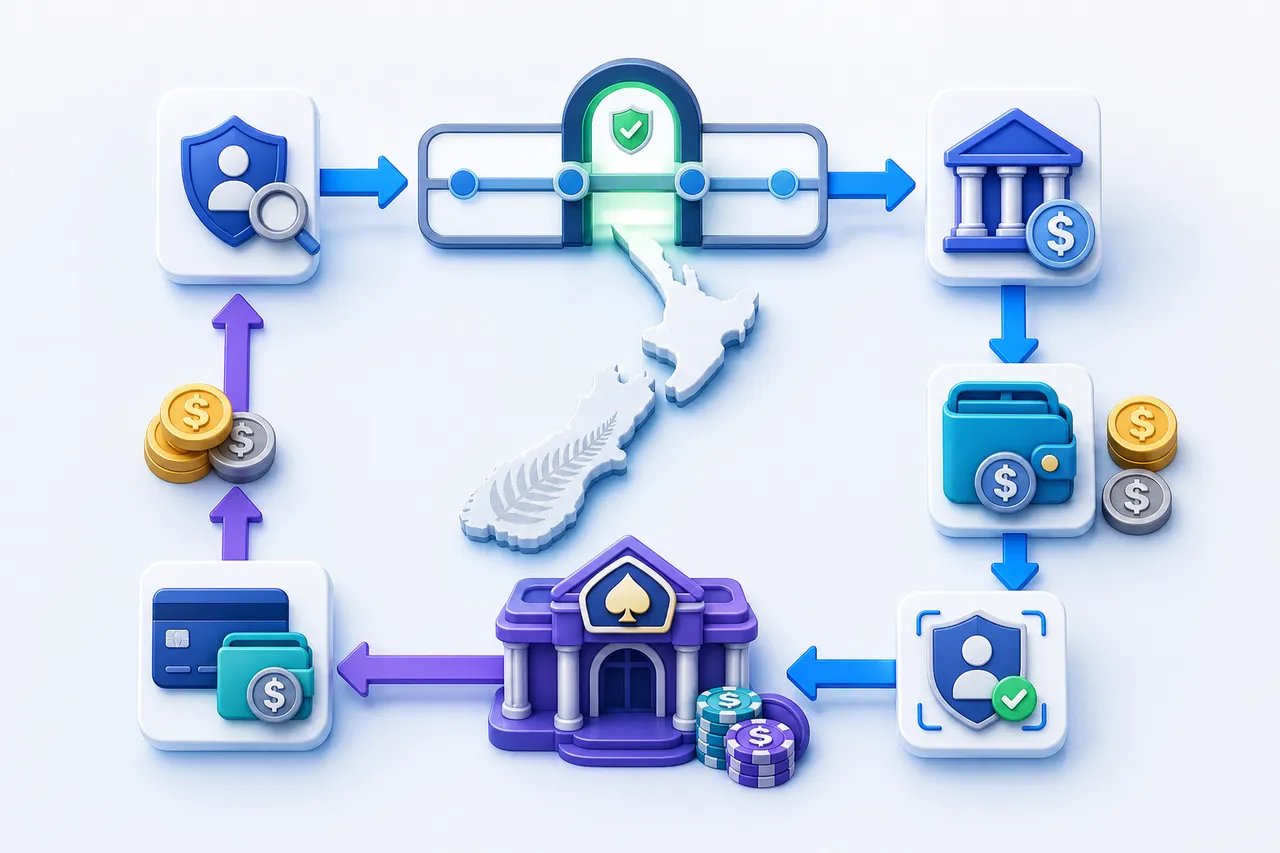 New Zealand casino payment route passing provider verification before NZD bank or wallet funding, identity checks and withdrawal