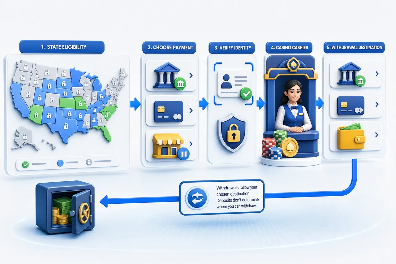 US casino payment decision route starting with state eligibility, followed by payment choice, identity verification and a separate withdrawal destination
