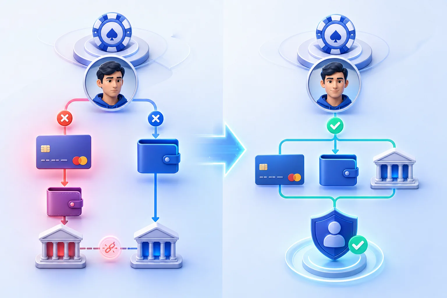 Casino profile, card, wallet and bank routes showing an ownership mismatch and a corrected same-owner path