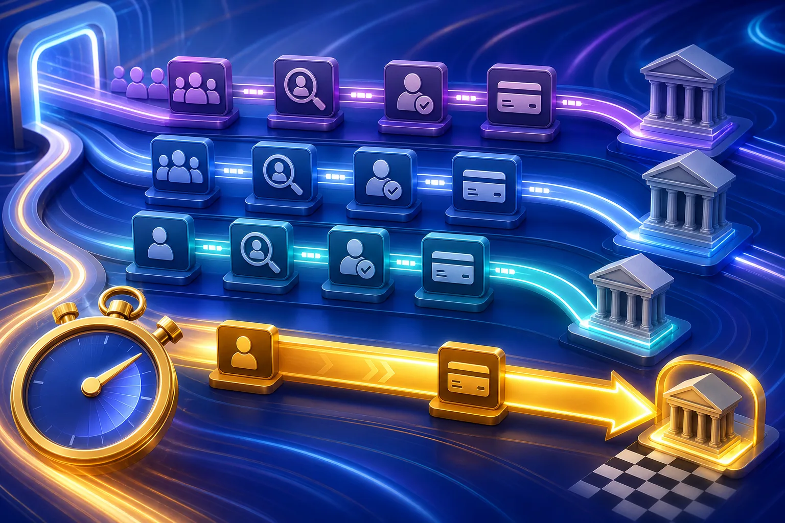Several casino withdrawal routes passing review and payment checkpoints with one direct route reaching a bank first