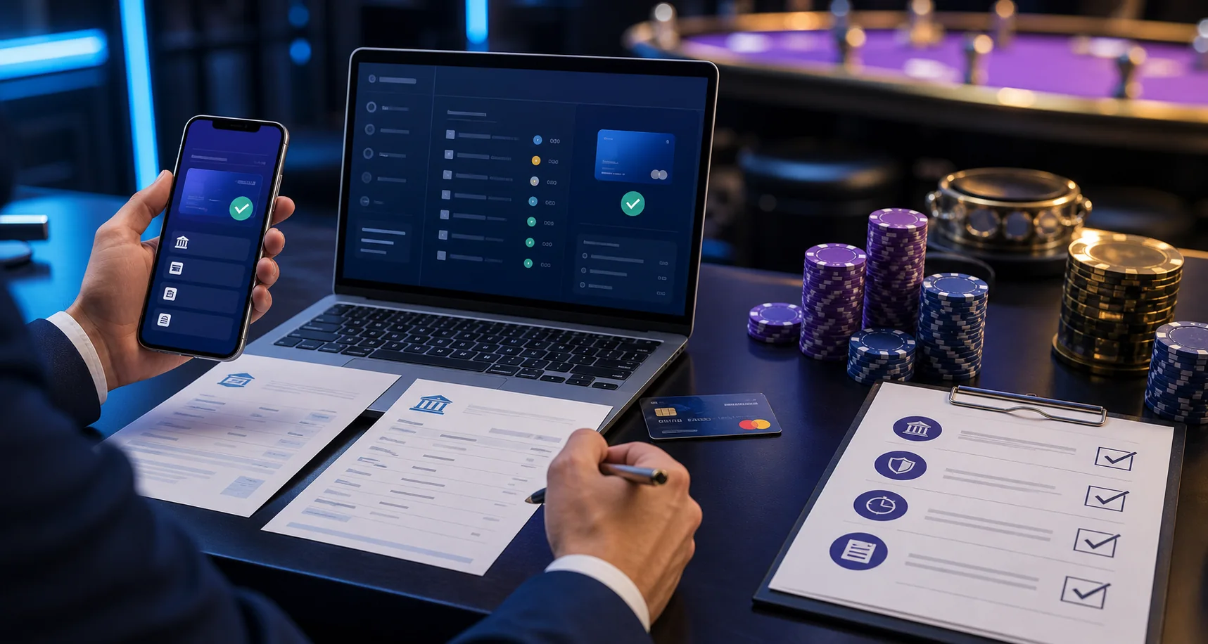 Editorial review desk comparing a casino cashier, payment records and a review checklist