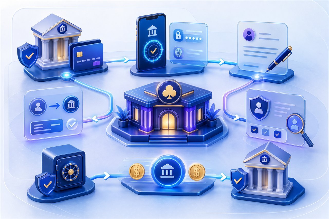 Illustrated bank casino payment route from an owned account through authorization and verification to payout