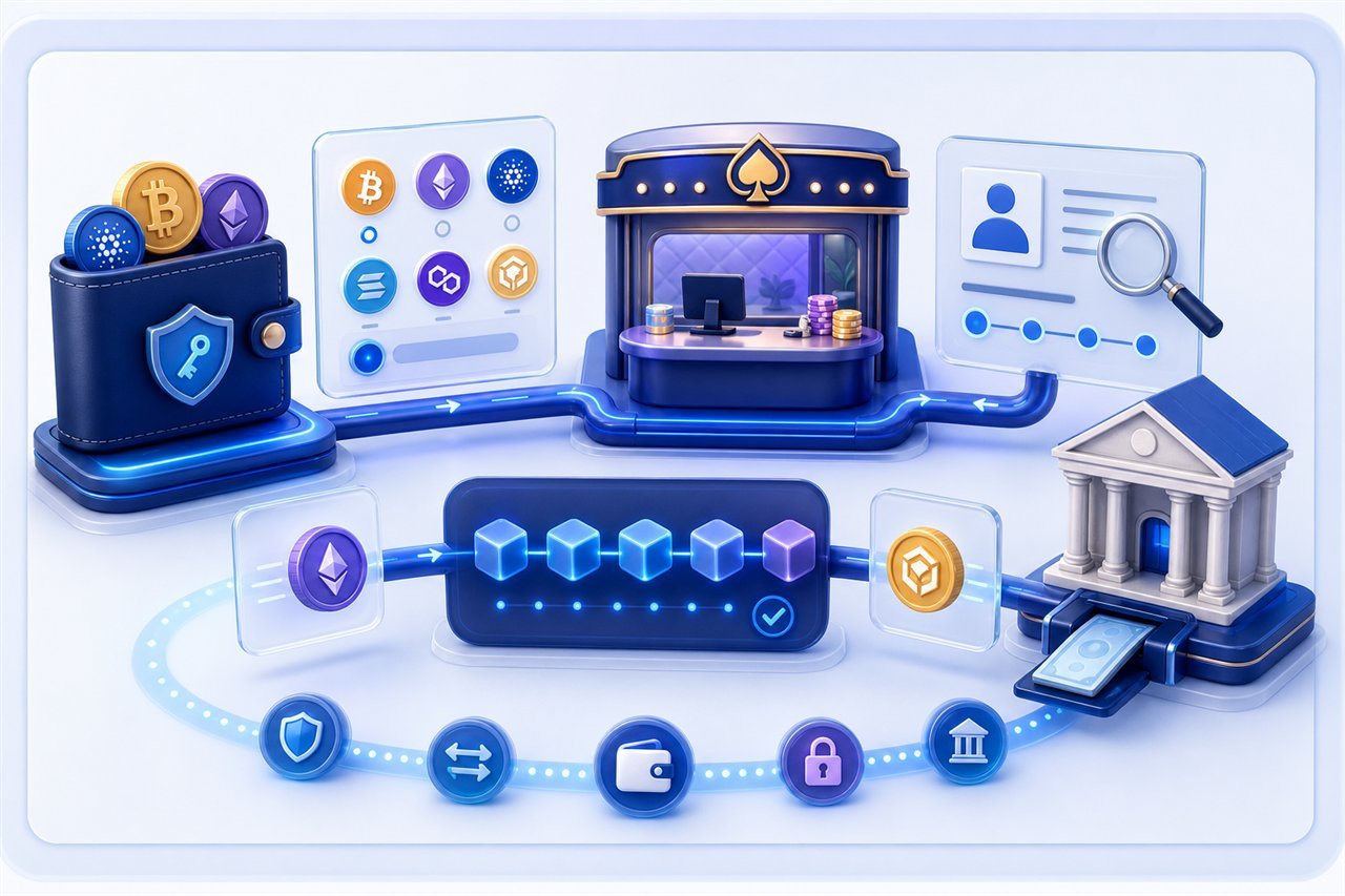 Illustrated crypto casino route from wallet and network selection through review to a bank off-ramp
