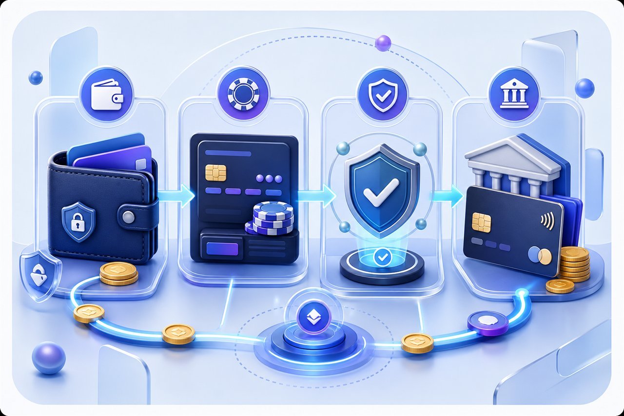 Illustrated e-wallet casino payment route from digital wallet through verification to a bank account