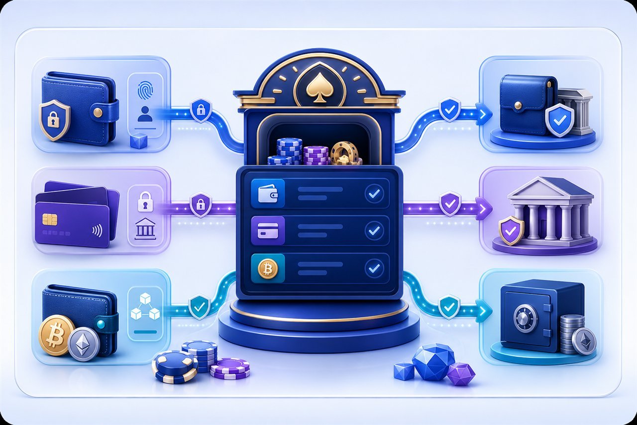 Illustrated comparison of e-wallet, bank and cryptocurrency casino payment routes