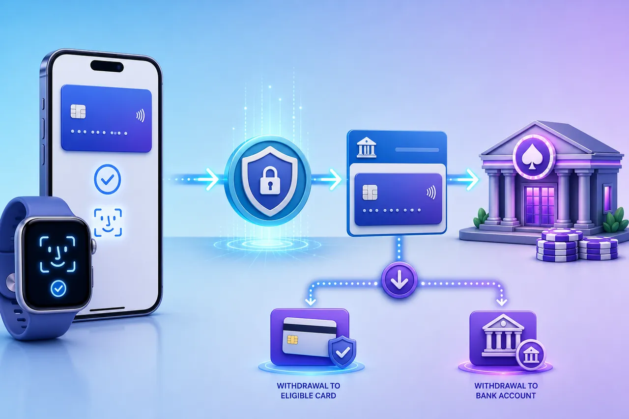 Phone and watch authorizing a tokenized casino card deposit with biometric security and card or bank withdrawal branches