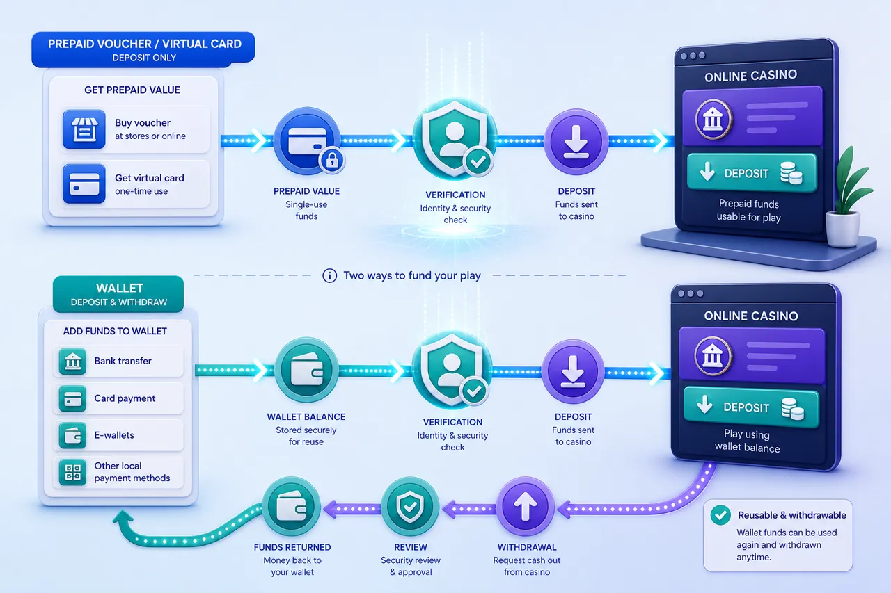 AstroPay casino routes comparing a prepaid deposit-only path with a reusable wallet deposit and withdrawal path