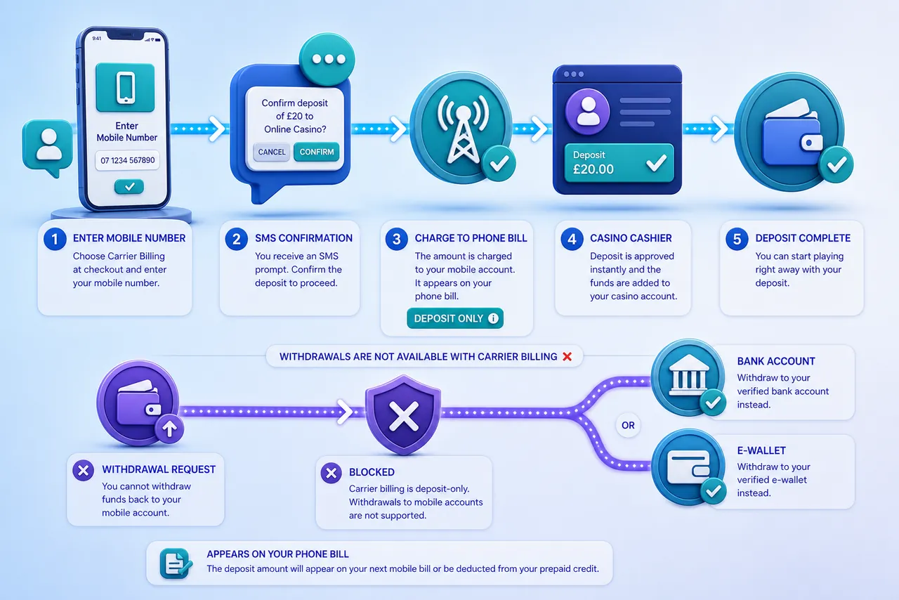 Boku casino carrier billing route from mobile number and SMS approval to phone bill deposit with bank or wallet withdrawal alternatives