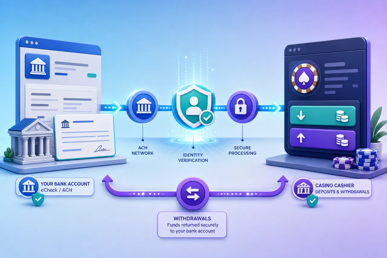 Bank account connected to a casino cashier through eCheck processing and identity verification, with a return withdrawal route