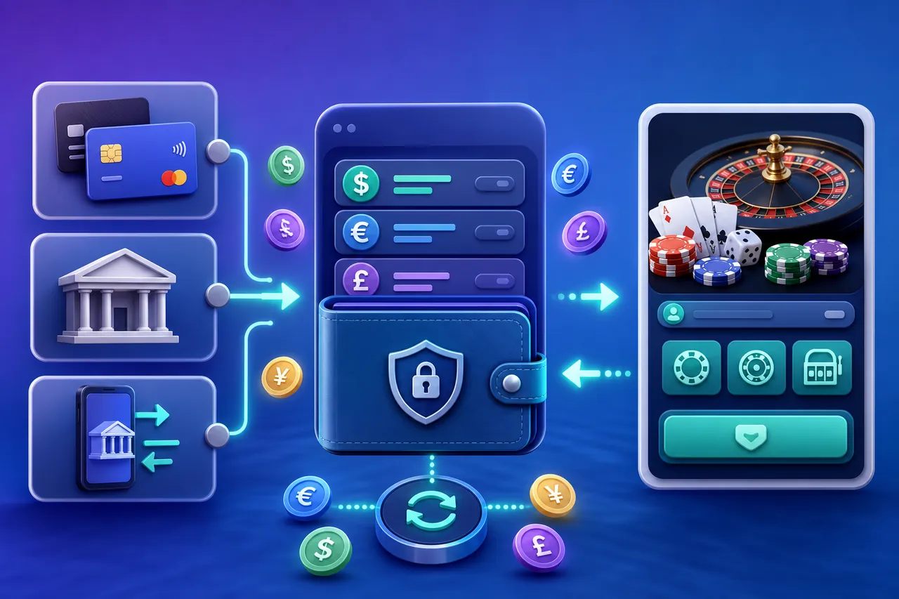 Bank card and bank account funding a multi-currency e-wallet connected to a casino cashier and return withdrawal route