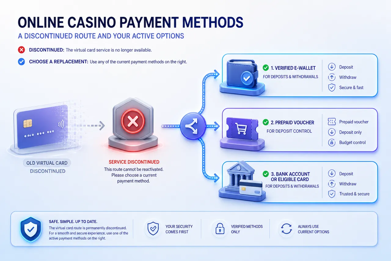 Discontinued EntroPay virtual card branching to active e-wallet, prepaid voucher and bank or card casino payment alternatives