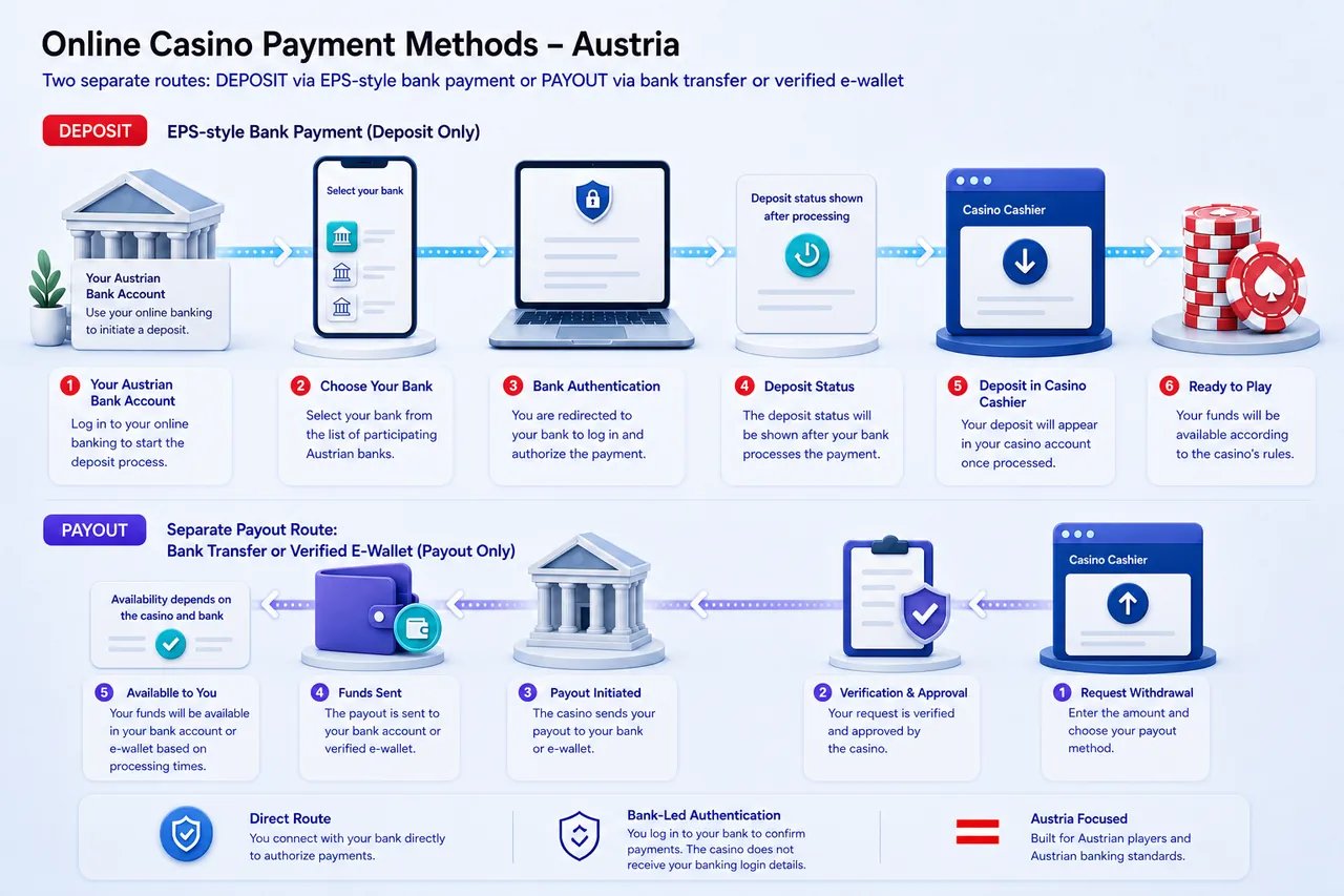 EPS casino deposit from Austrian bank selection and authentication with a separate verified bank or e-wallet payout route