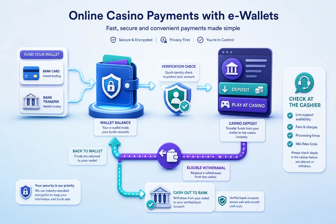 eZeeWallet route from wallet funding and verification to casino deposit, eligible wallet withdrawal and bank cash-out