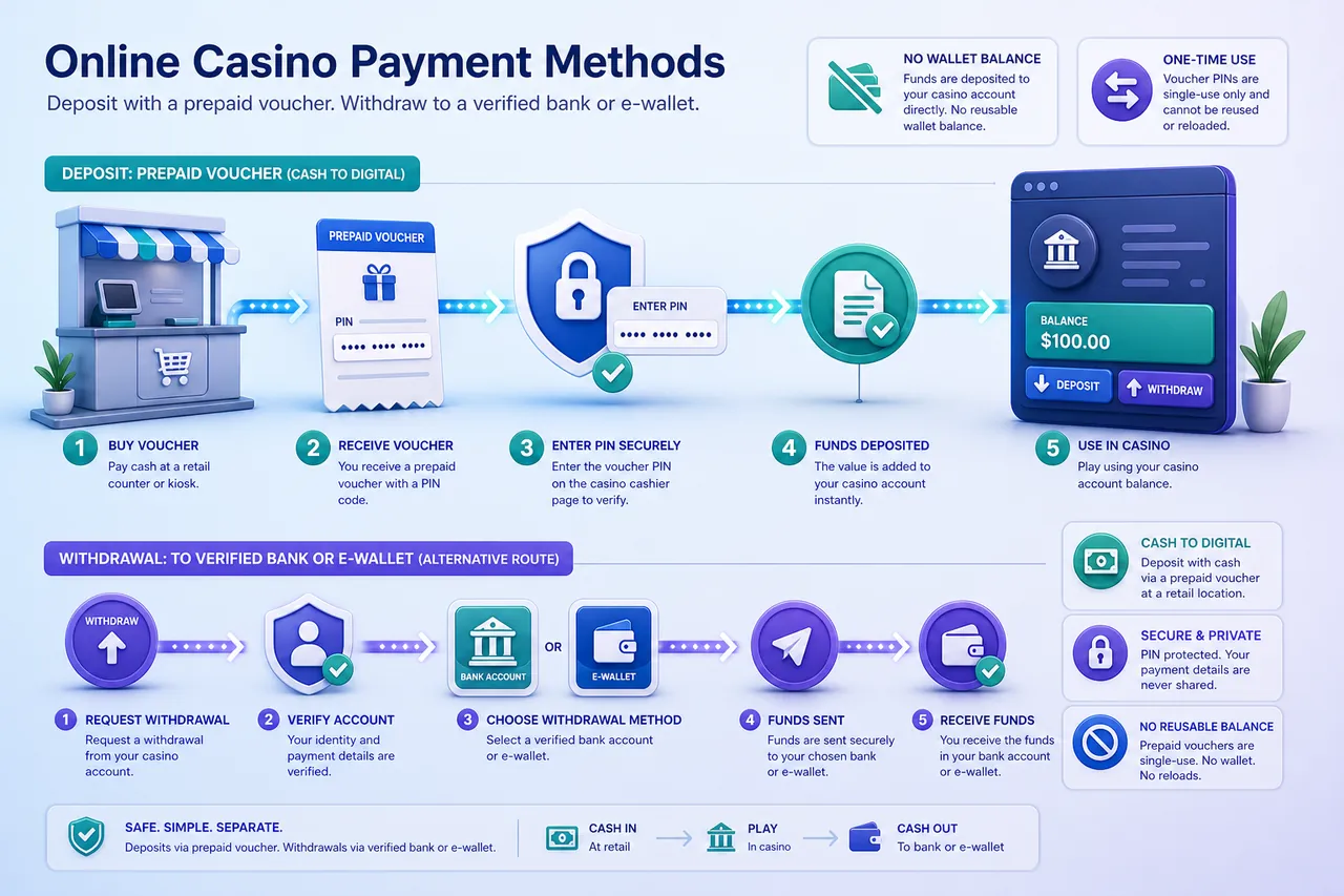 Flexepin casino route from retail voucher and secure 16-digit PIN entry to deposit with a separate verified withdrawal method