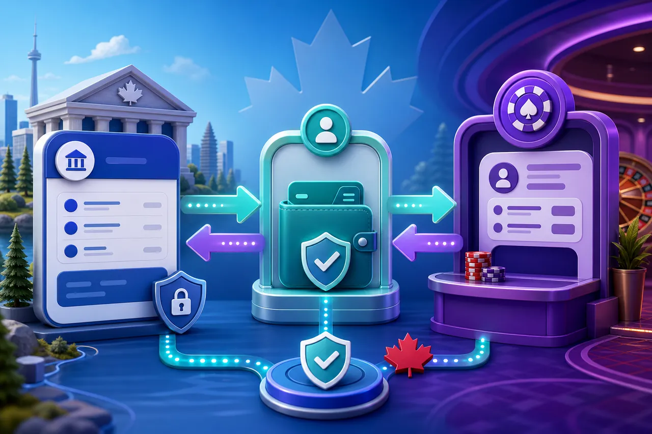 Canadian bank connected through a secure payment account to a casino cashier with deposit and withdrawal arrows