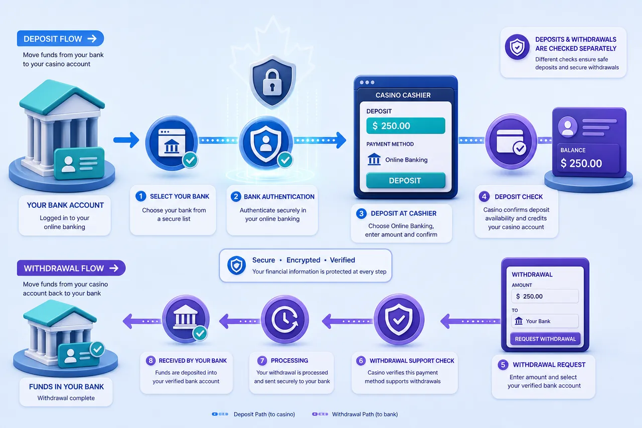 Interac casino route from Canadian online banking authentication to deposit and a separately checked bank withdrawal