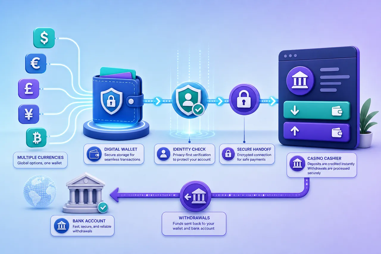 Jeton global wallet route showing multiple currency balances, identity verification, casino deposits and bank withdrawals