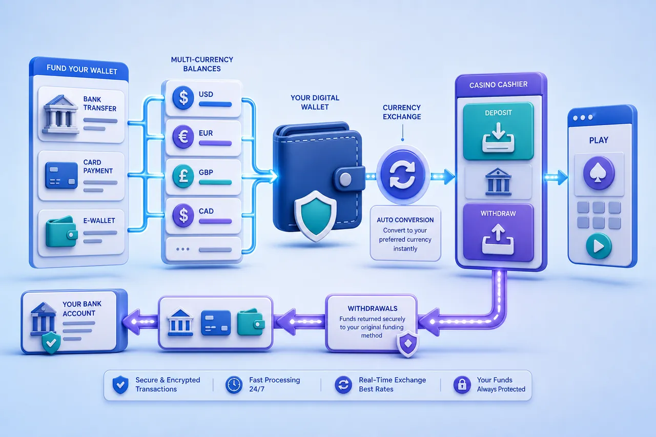 MiFinity multi-currency wallet route showing funding, exchange, casino deposits and return withdrawals
