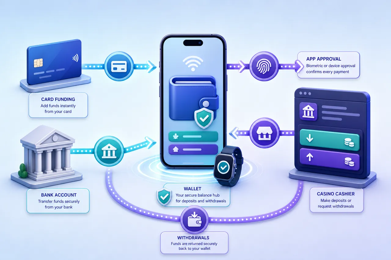 MuchBetter mobile wallet route from card or bank funding through app approval to casino deposits and withdrawals