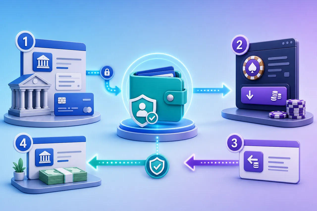 Verified e-wallet funded by a bank or card, connected to a casino cashier, return withdrawal and bank cash-out stage