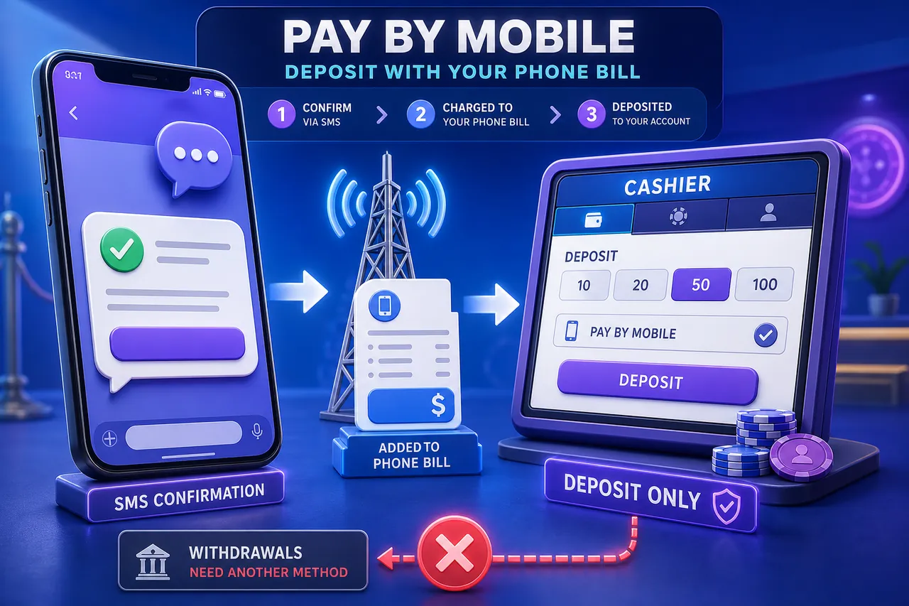 SMS confirmation sending a casino deposit through a mobile carrier and adding it to the phone bill, with withdrawals blocked
