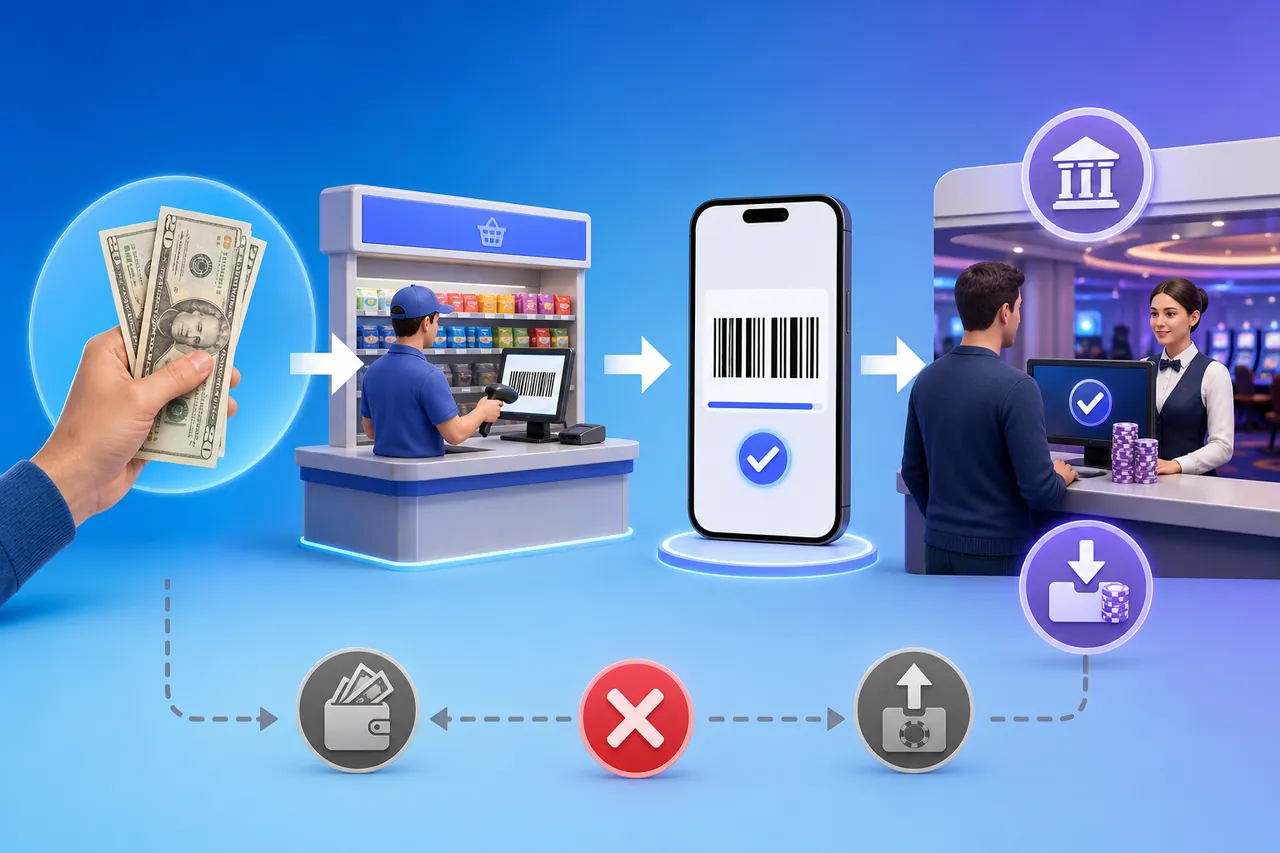 Cash converted to a retail barcode before reaching a casino cashier, with no direct withdrawal route