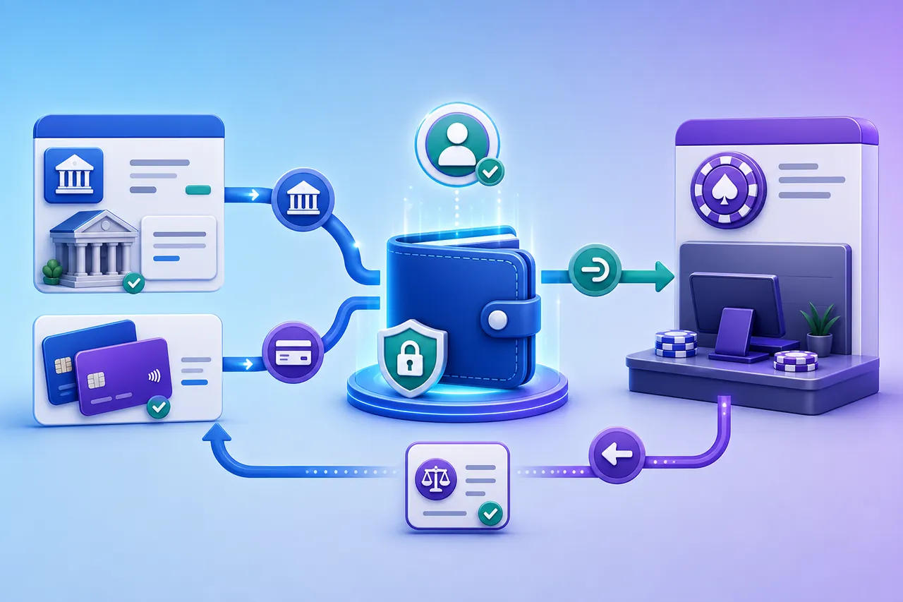 Bank account and card funding a secure digital wallet connected to a casino cashier and return withdrawal route