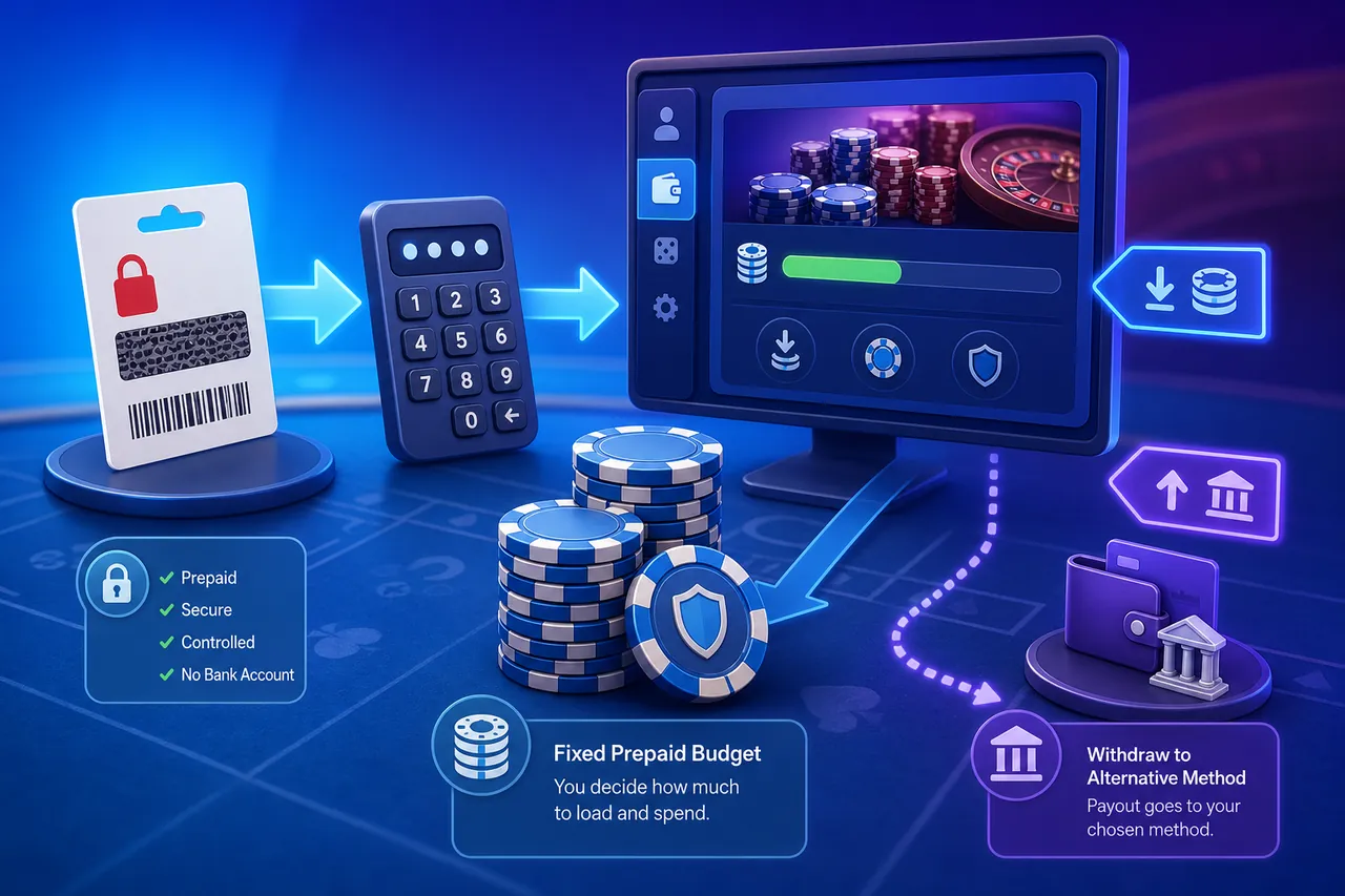 Prepaid voucher and PIN funding a casino cashier with a fixed budget and an alternative withdrawal path