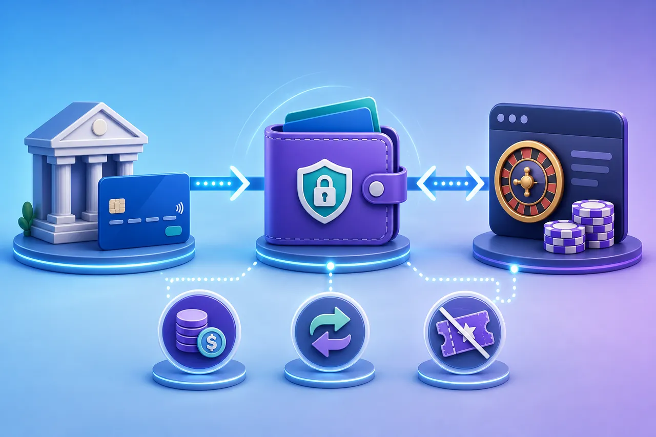 Bank and card funding a secure casino e-wallet with deposit, withdrawal, fee, currency and promotion eligibility checkpoints