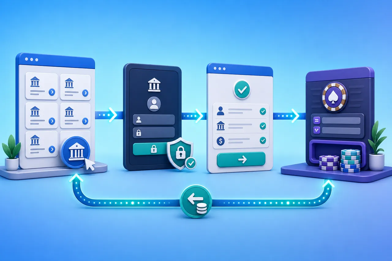 Player selecting a bank, authenticating securely and authorizing a direct casino payment with a return payout route