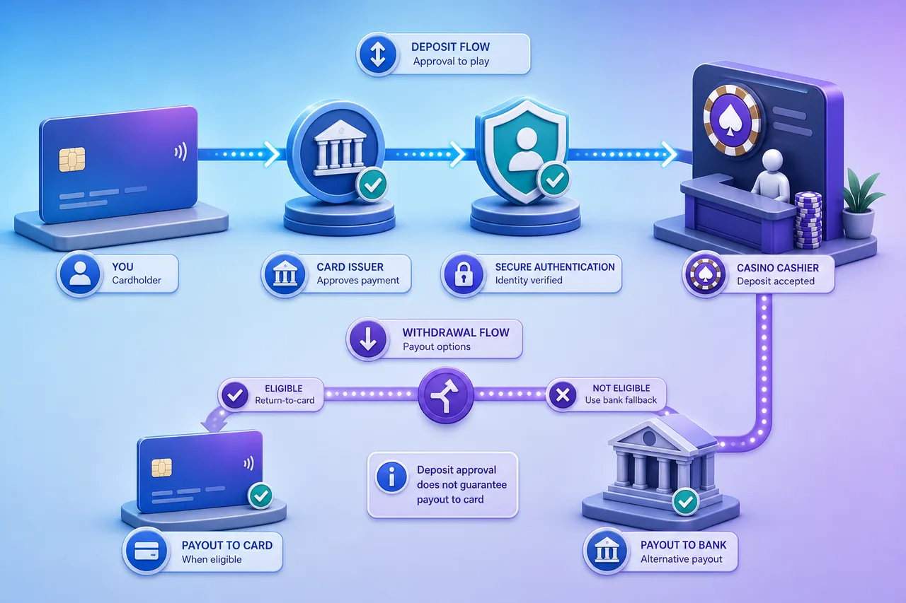 Payment card passing issuer approval and secure authentication before a casino deposit, with withdrawals branching to an eligible card or bank