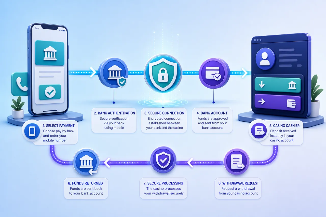 Zimpler mobile pay-by-bank route from phone selection and bank authentication to casino deposit and return payout