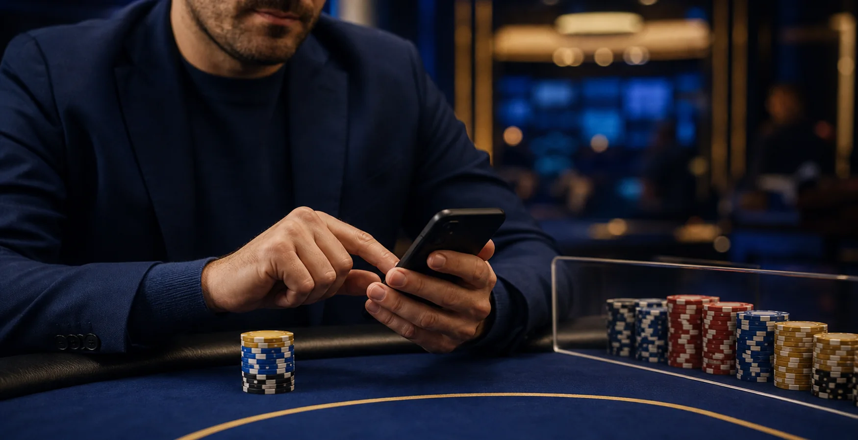 Adult casino player setting a phone limit with a small chip stack separated from additional chips